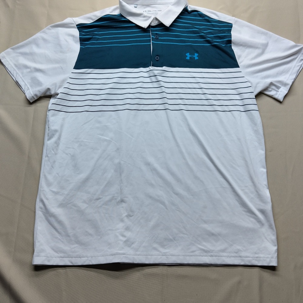 Under Armour Mens Playoff Polo Shirt XXL White Teal Striped Short Sleeve Loose